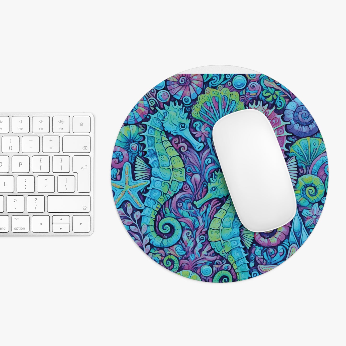 Tropical Mouse Pad, 2 Shapes - Beach Vibes for Home Office & Gamer / Seahorse Trio, Turquoise Pop