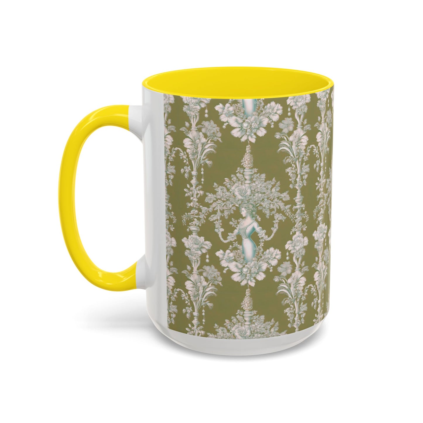 Accent Coffee Mug (11, 15oz), Pearl Lady Toile/Highborn Greren Repeat, Various Colors