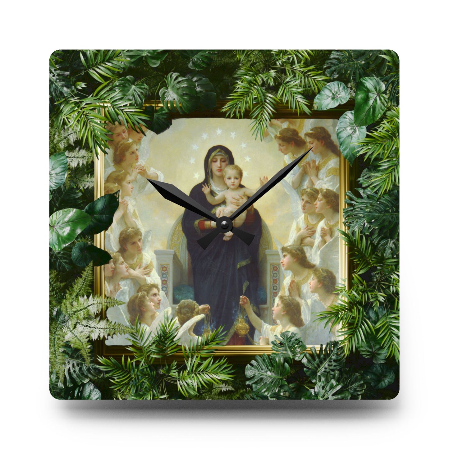 "Tropical Mary With the Angels"  Acrylic Wall Clock - Elegant Religious Decor for Home and Office