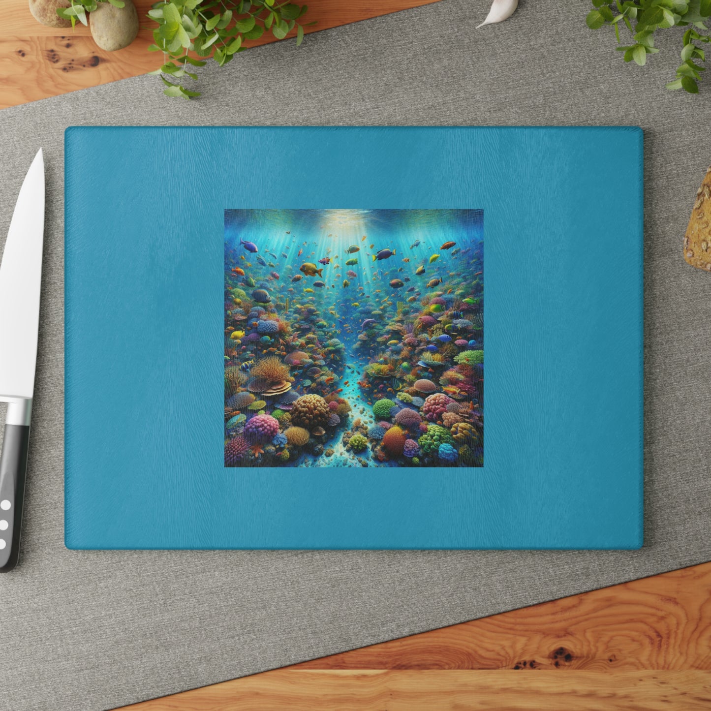 Glass Cutting Board, 2 sizes - Busy Coral Reef/Turquoise