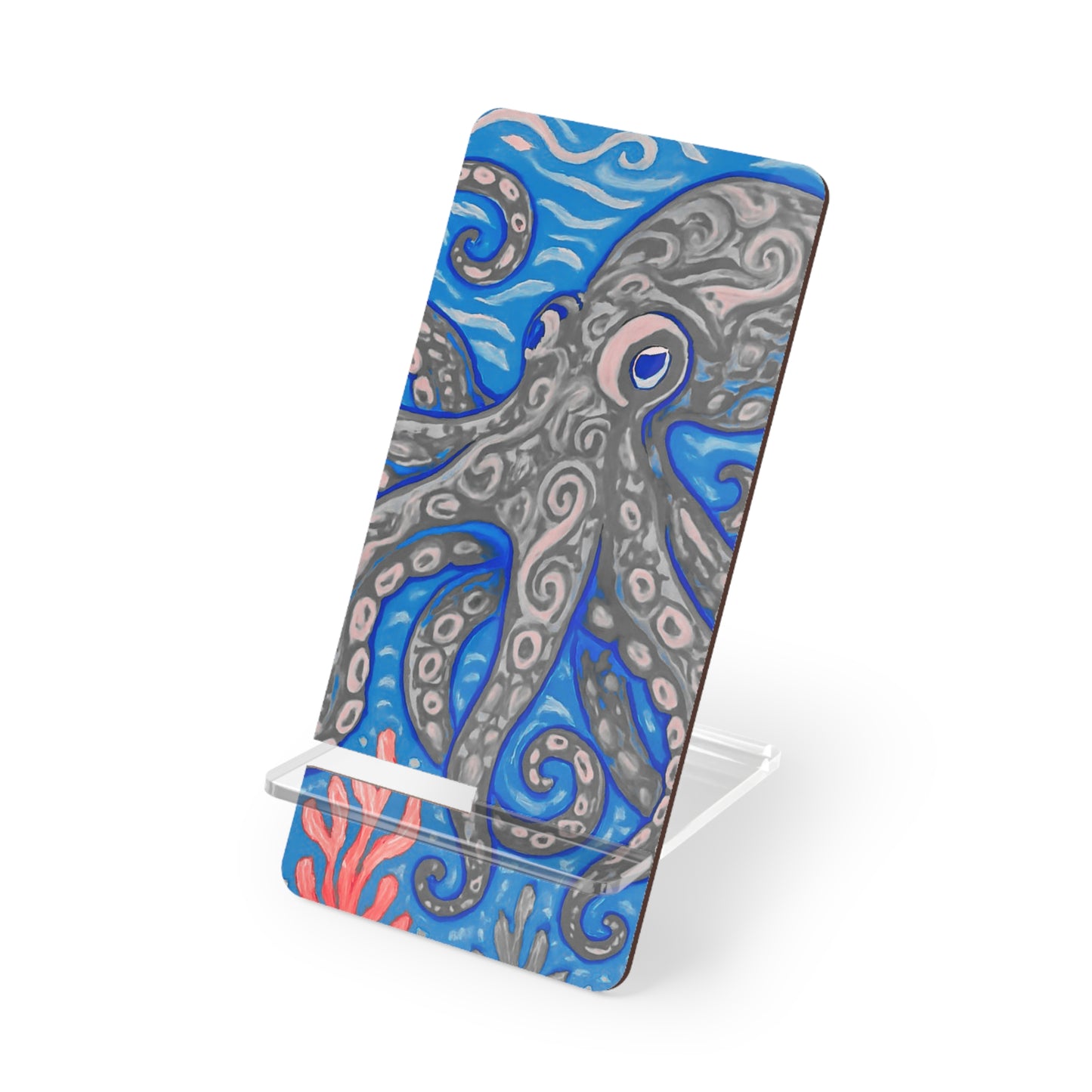 Stylish Smartphone Display Stand with Octopus Artwork - Kraken Joe/Blue