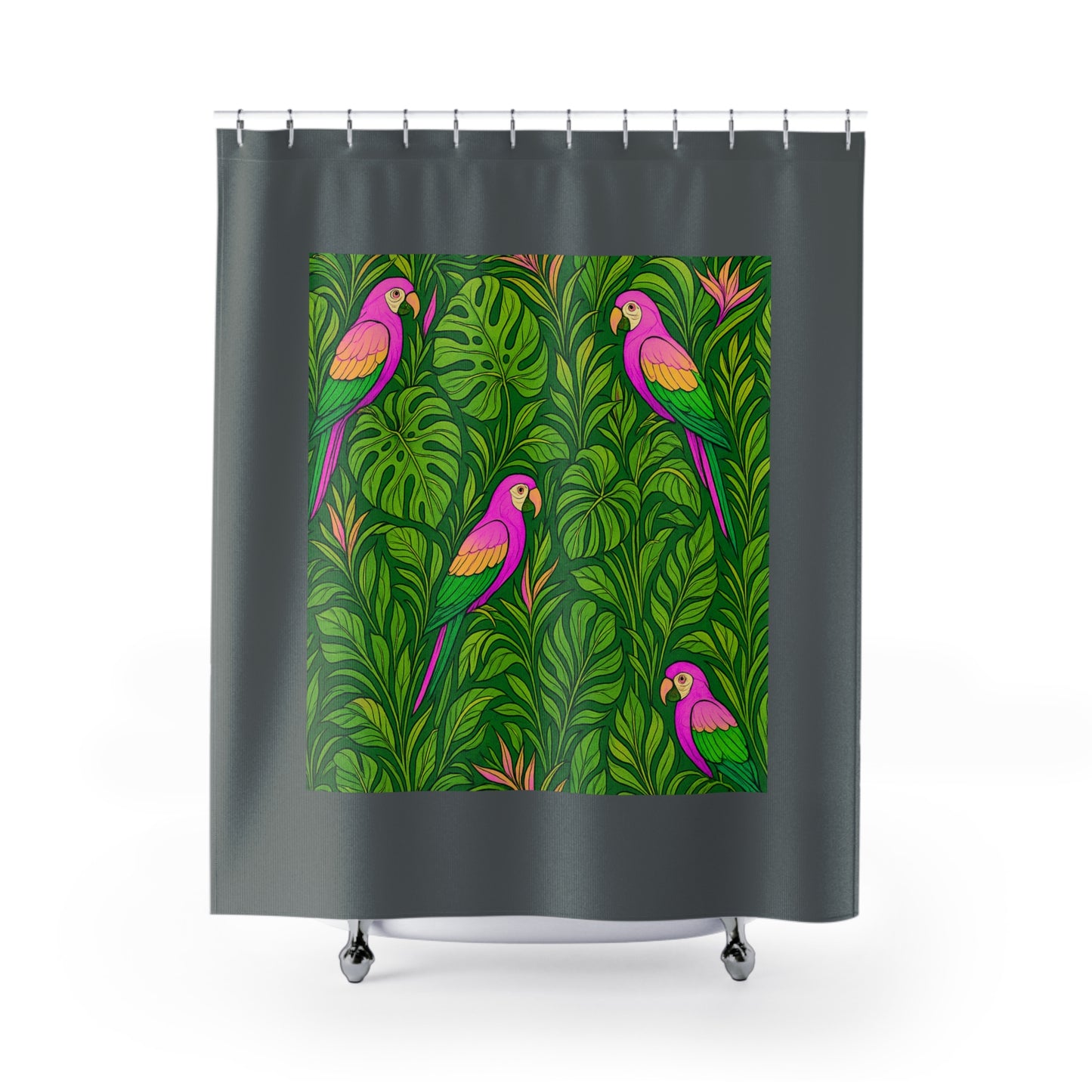 Tropical Shower Curtain - Ocean Bathroom Decor / Parrot Family/Pink, Dark Grey