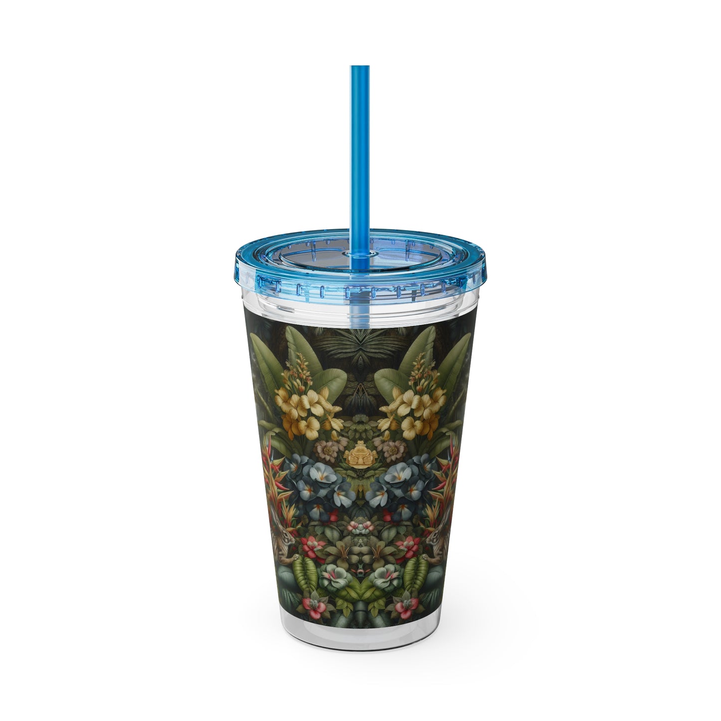 Tropical Tumbler with Straw | 16oz Colorful Travel Cup / Rainforest Rabbit Outing