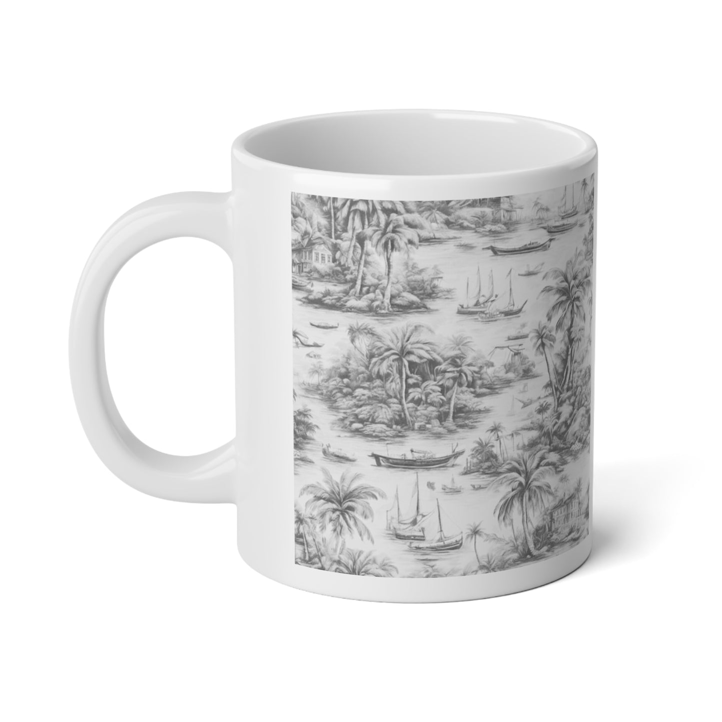 Jumbo Mug, 20oz, Tropical Toile, Soft Black | Tropical Coffee Cup, Gift for Coastal Lovers