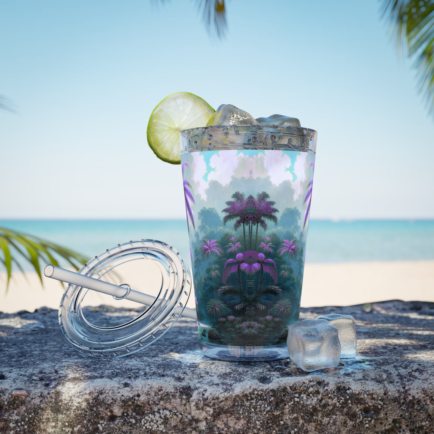 Tropical Tumbler with Straw | 16oz Colorful Travel Cup / Sleeping Parrot/Fantasy