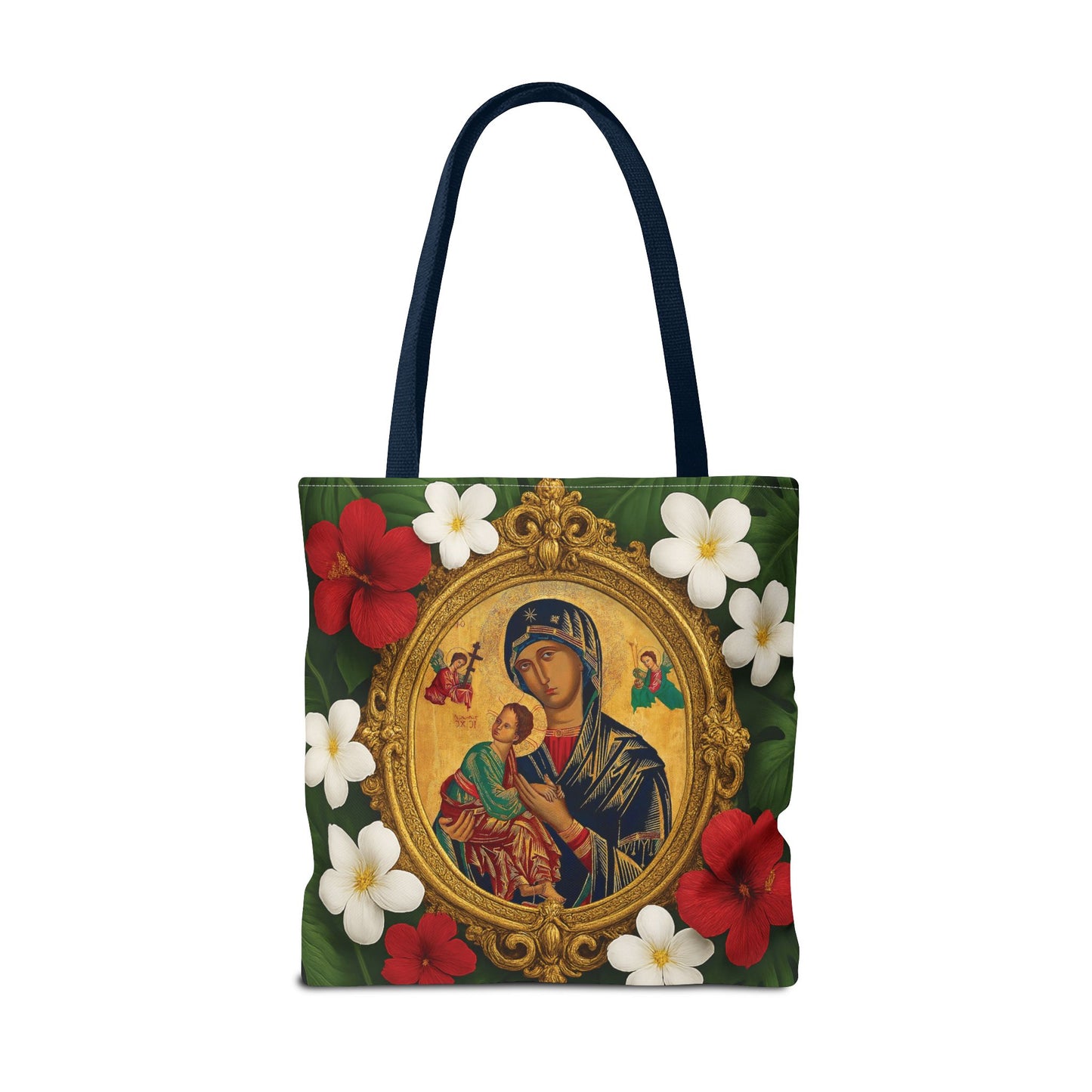 Religious Art Polyester Tote Bag, 3 Sizes / Our Lady of Perpetual Help, Red Flowers