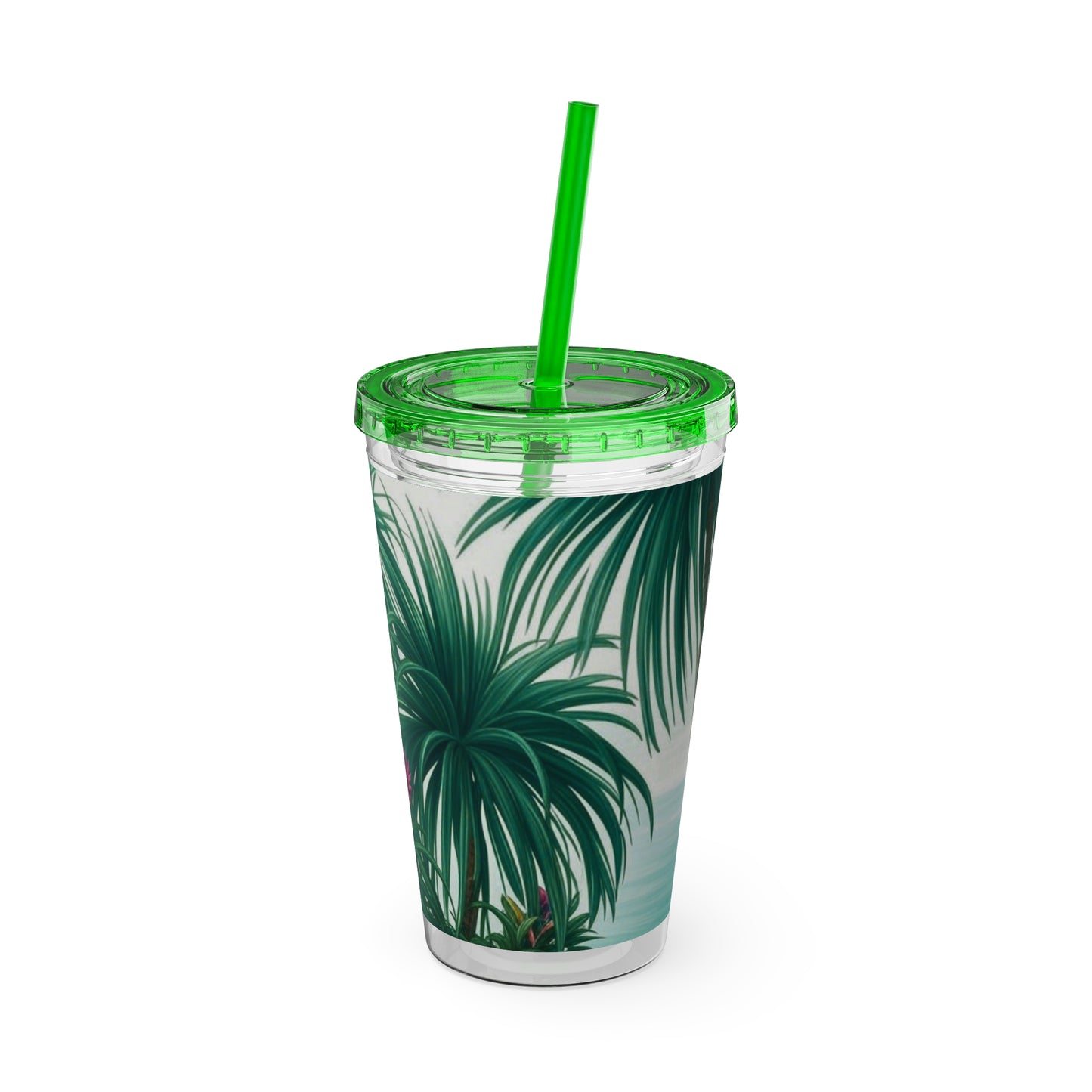 Tropical Tumbler with Straw | 16oz Colorful Travel Cup / Tiny Palm Island