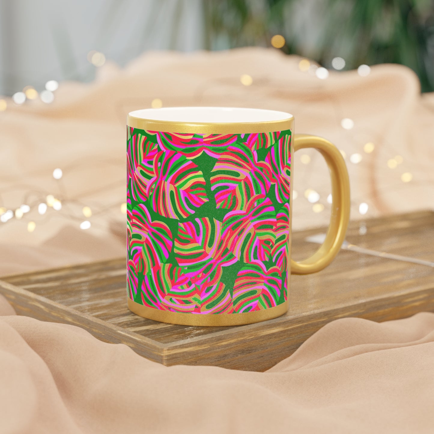 Tropical Metallic Mug, Gold or Silver - Monstera Pink Pop