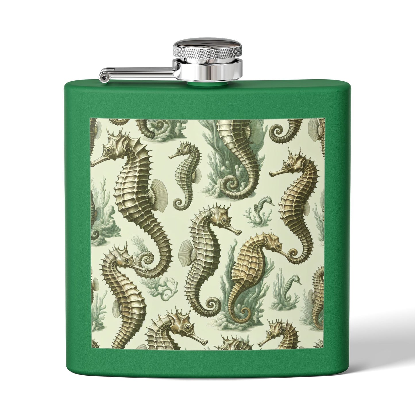 Tropical Stainless Steel 6 oz. Flask, Many Colors  – Green Toile Seahorses