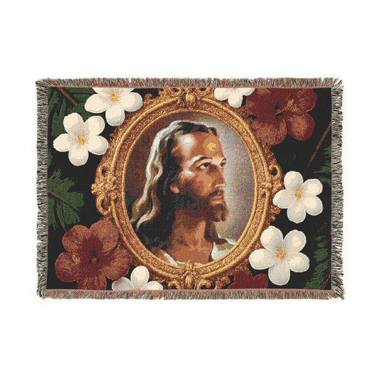 Religious Woven Blanket, 3 Sizes - Tropical Home Decor / Head of Christ/Red Floral