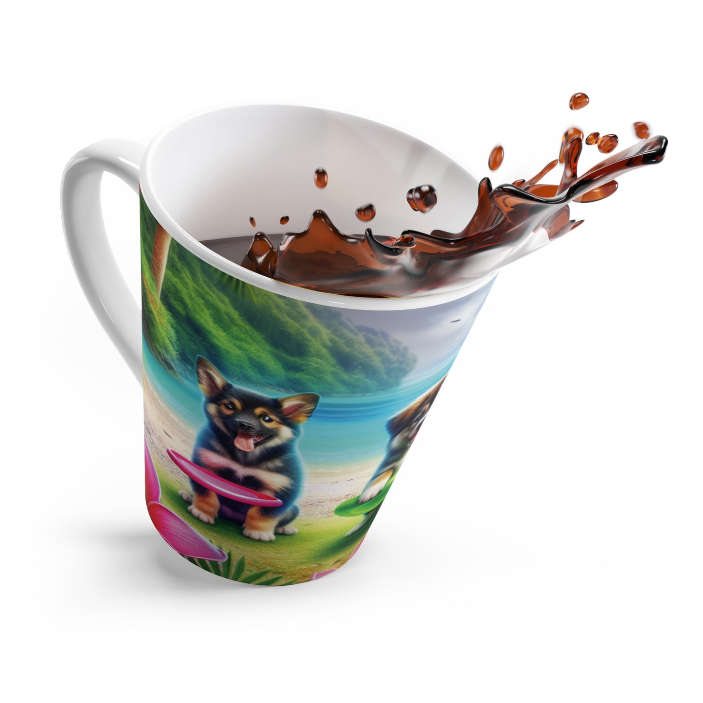 Latte White Mug - Puppies Playing Frisbee at Beach