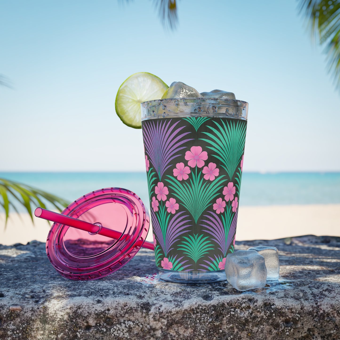 Tropical Tumbler with Straw | 16oz Colorful Travel Cup / Midnight Hibiscus Deco, Pink