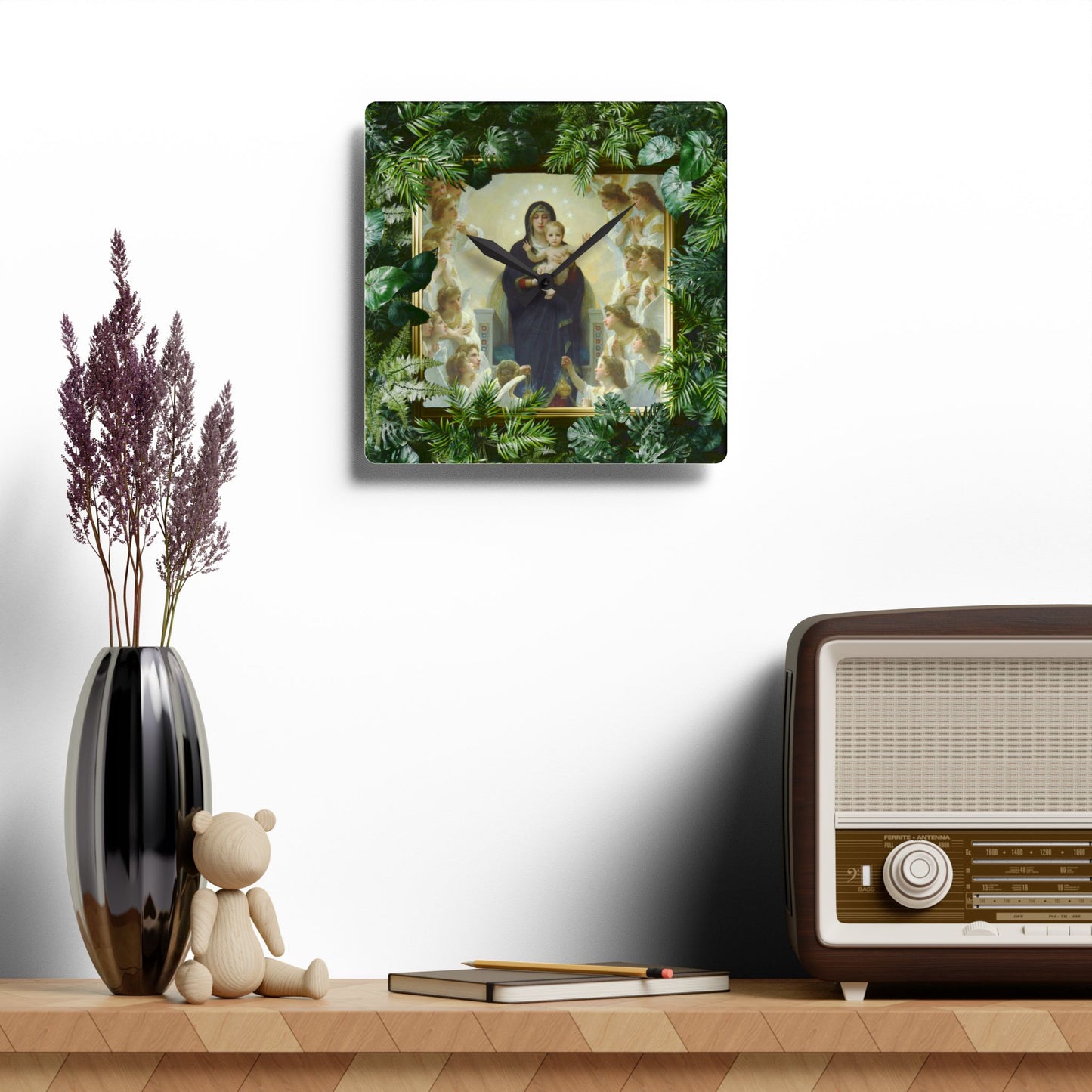 "Tropical Mary With the Angels"  Acrylic Wall Clock - Elegant Religious Decor for Home and Office