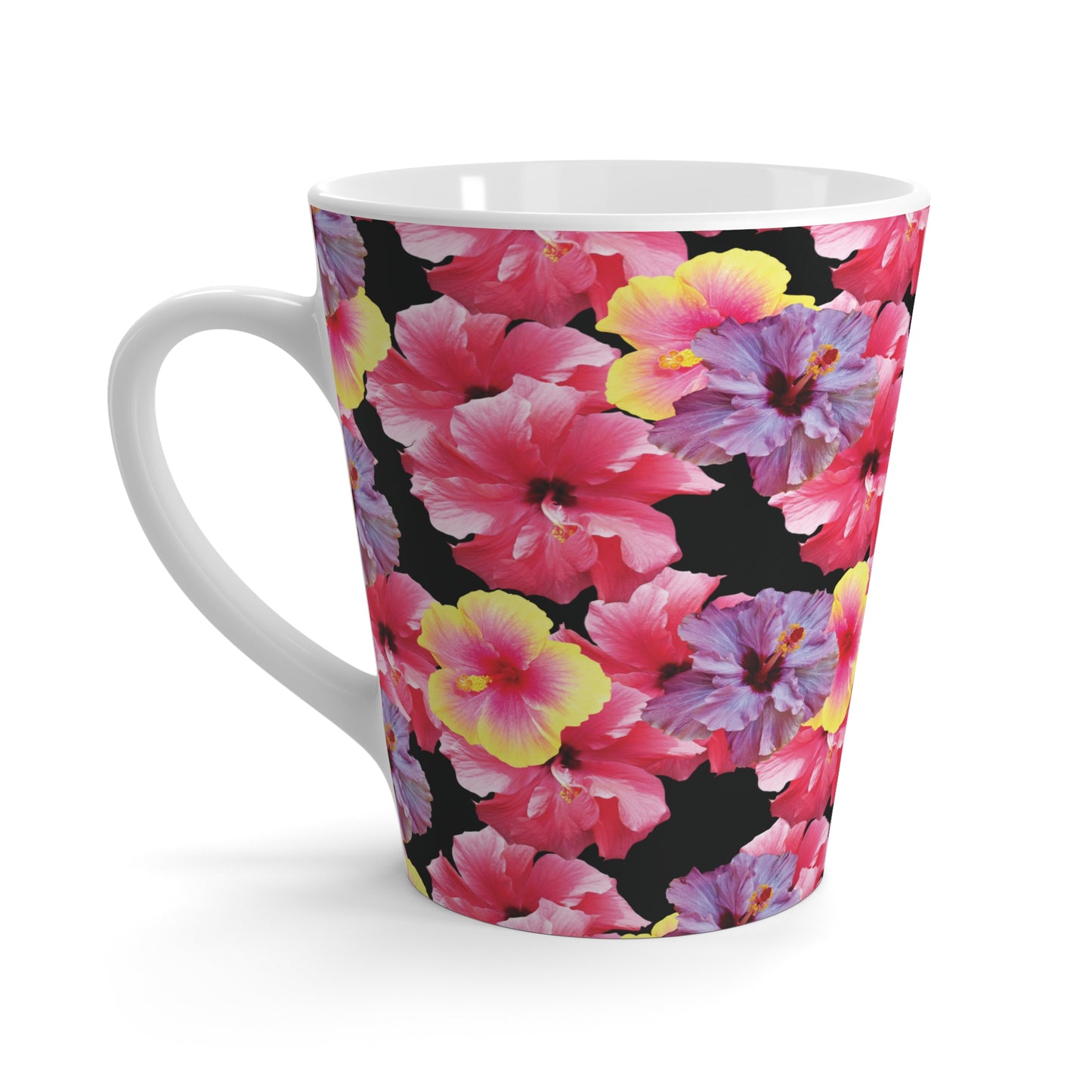 Latte White Mug - Real Hisbiscus Flowers Trio/Black