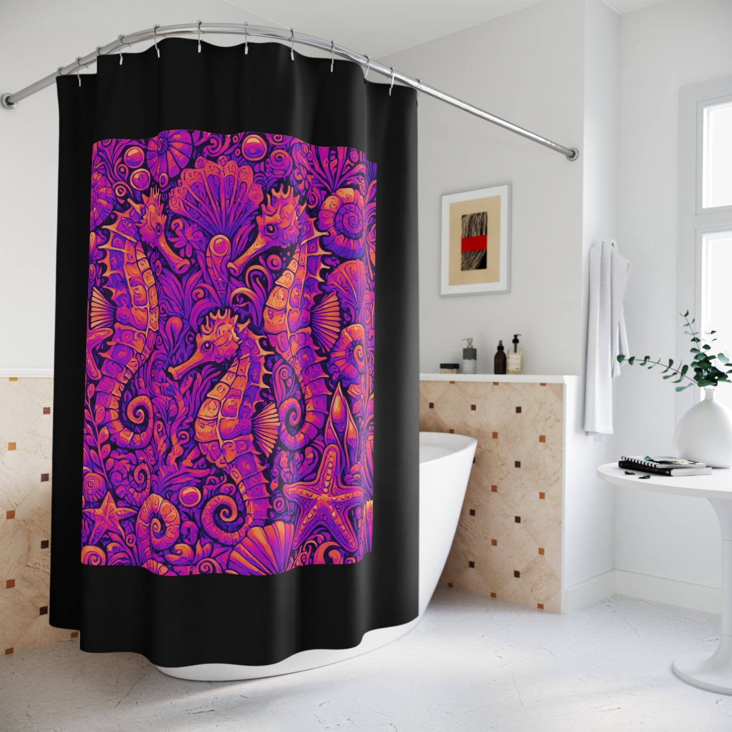 Tropical Shower Curtain - Ocean Bathroom Decor / Seahorse Trio Heatwave/Black