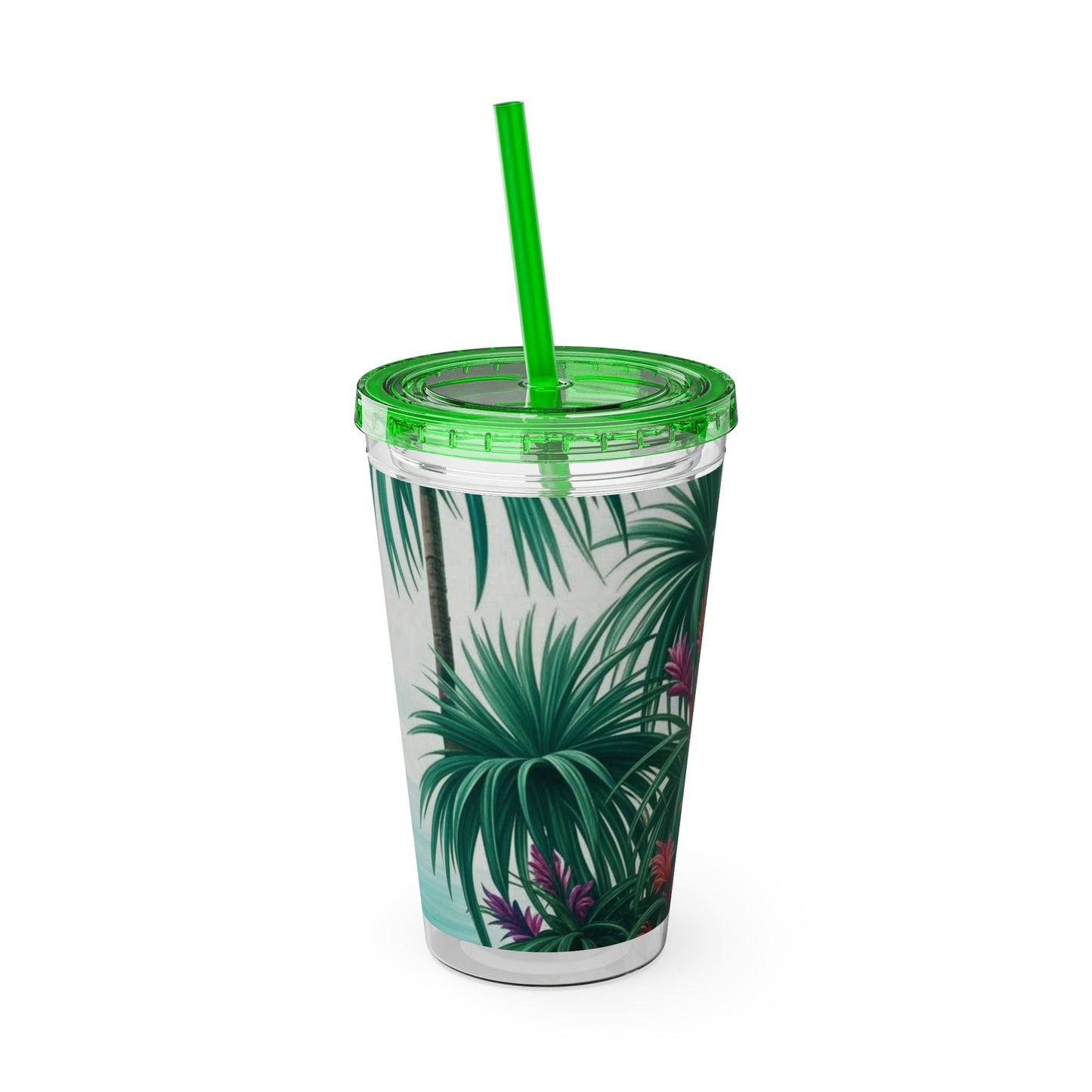 Tropical Tumbler with Straw | 16oz Colorful Travel Cup / Tiny Palm Island