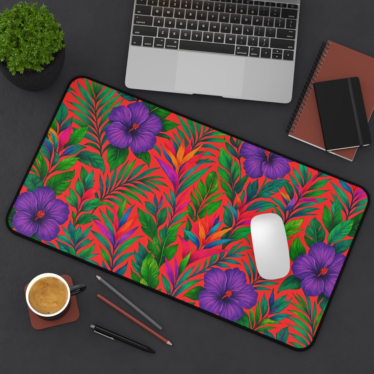 Tropical Paradise Desk Mat, 3 Sizes - Perfect for Home Office - Midnight Flower Coral