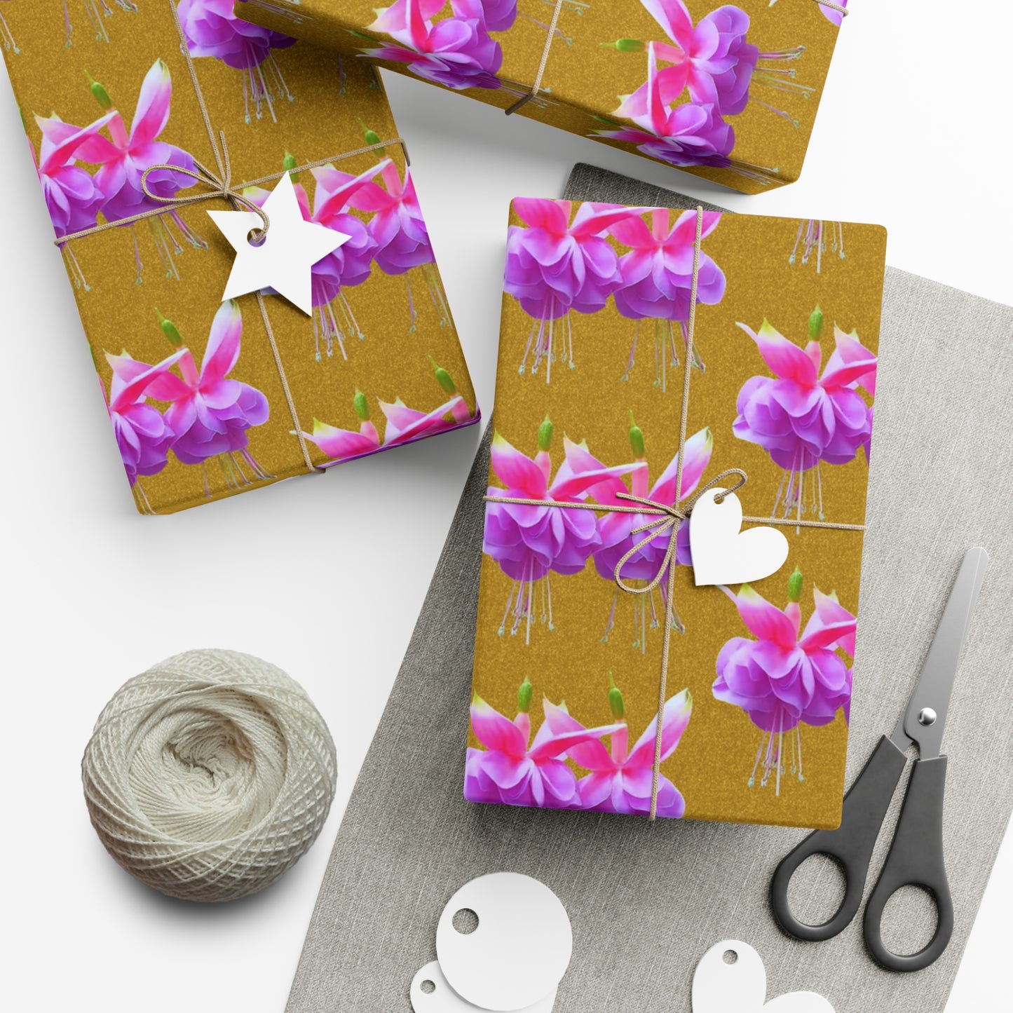 Gift Wrap Papers, Two Pink Fuchsias / Gold