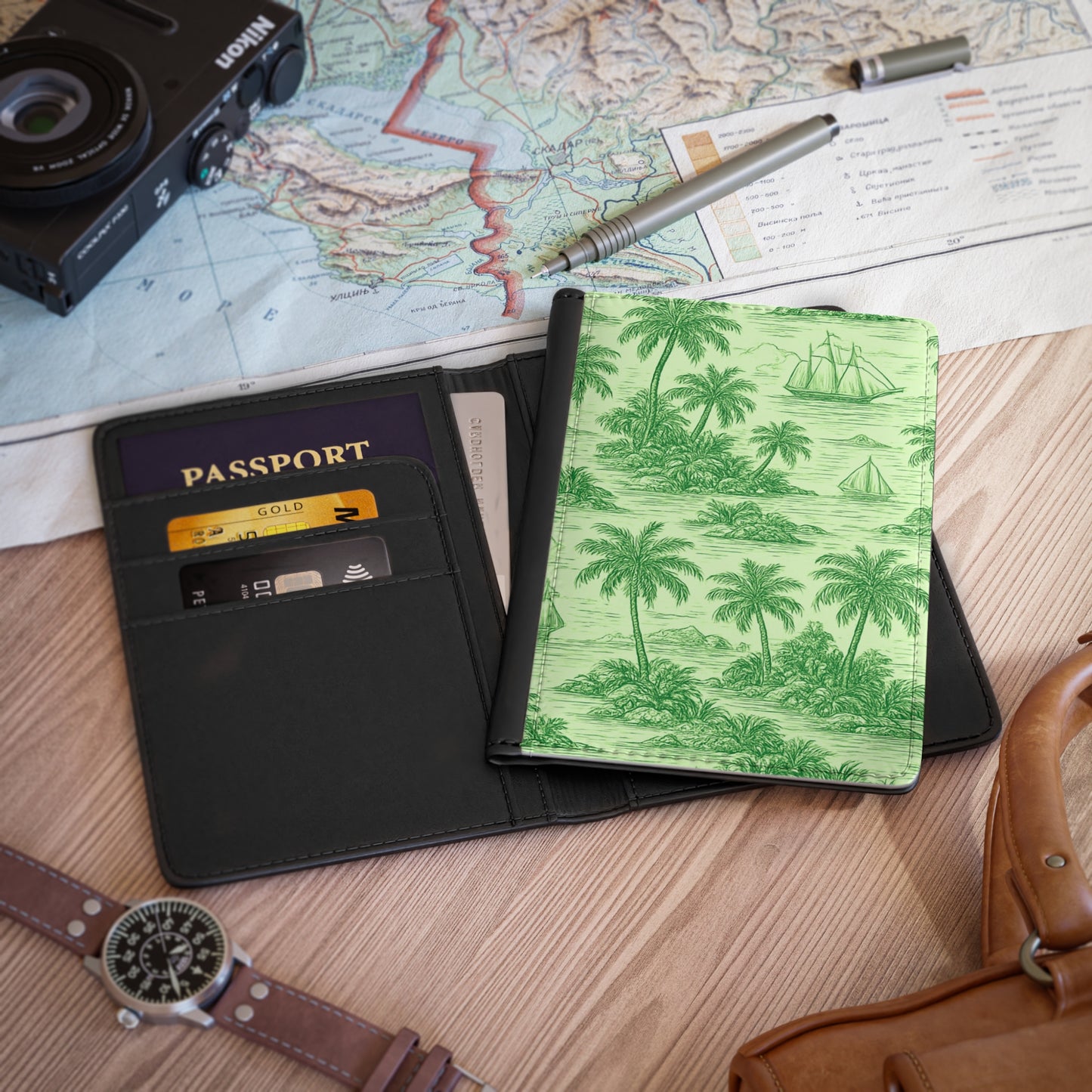Tropical Passport Cover, Faux Leather - RFID blocking for travel security / Faraway Toile, Green