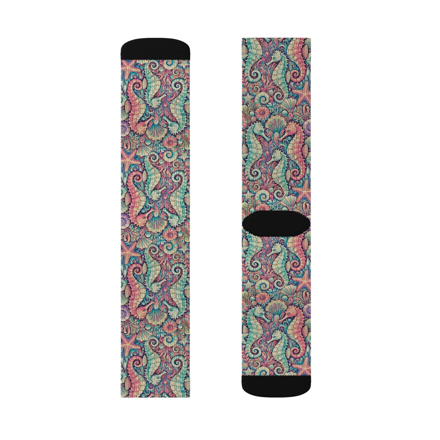 Seahorses/Retro Sublimation Fleece-Lined Socks - Colorful Tropical Design