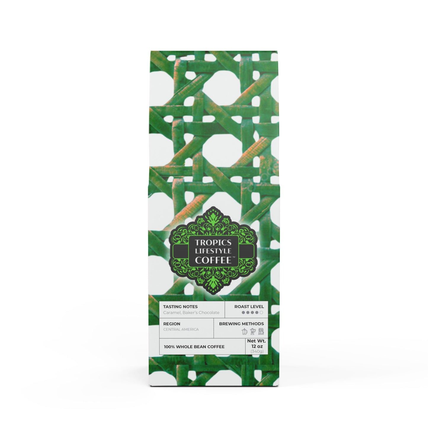 Cocoa Palms Blend™ (Medium-Dark Roast) Specialty Grade Craft Coffee / Chair Wicker, Green