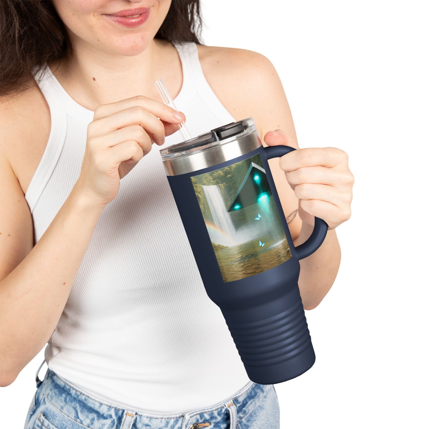 Insulated Travel Mug, 40oz / UFO and Waterfall in Rainforest