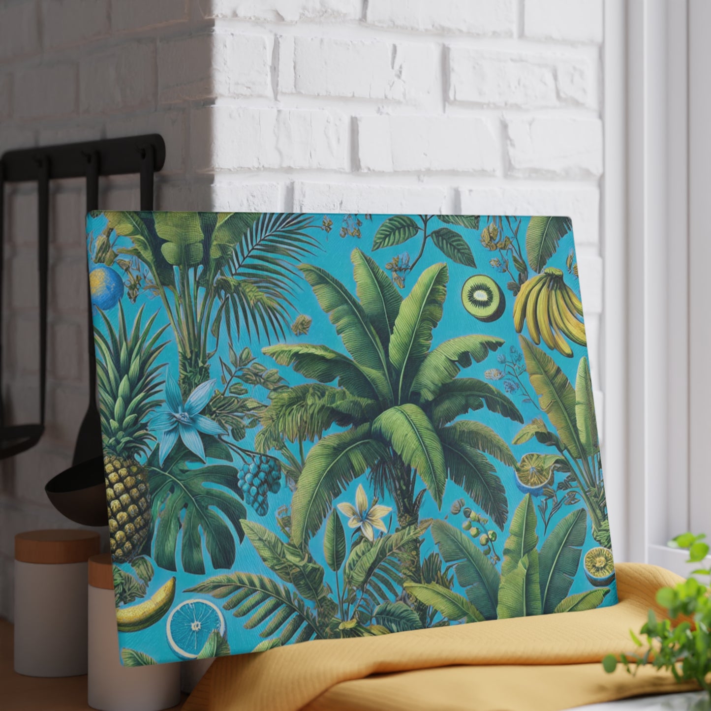 Glass Cutting Board, 2 sizes - More Tropical Fruit, Aqua Blue
