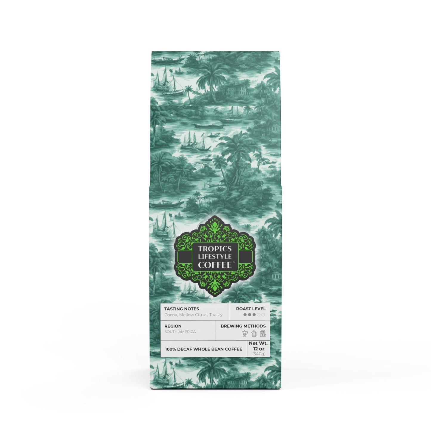 Rainforest Mist™ Single Origin DECAF (Medium Roast), Specialty Grade Craft Coffee / Tropical Toile, Evergreen