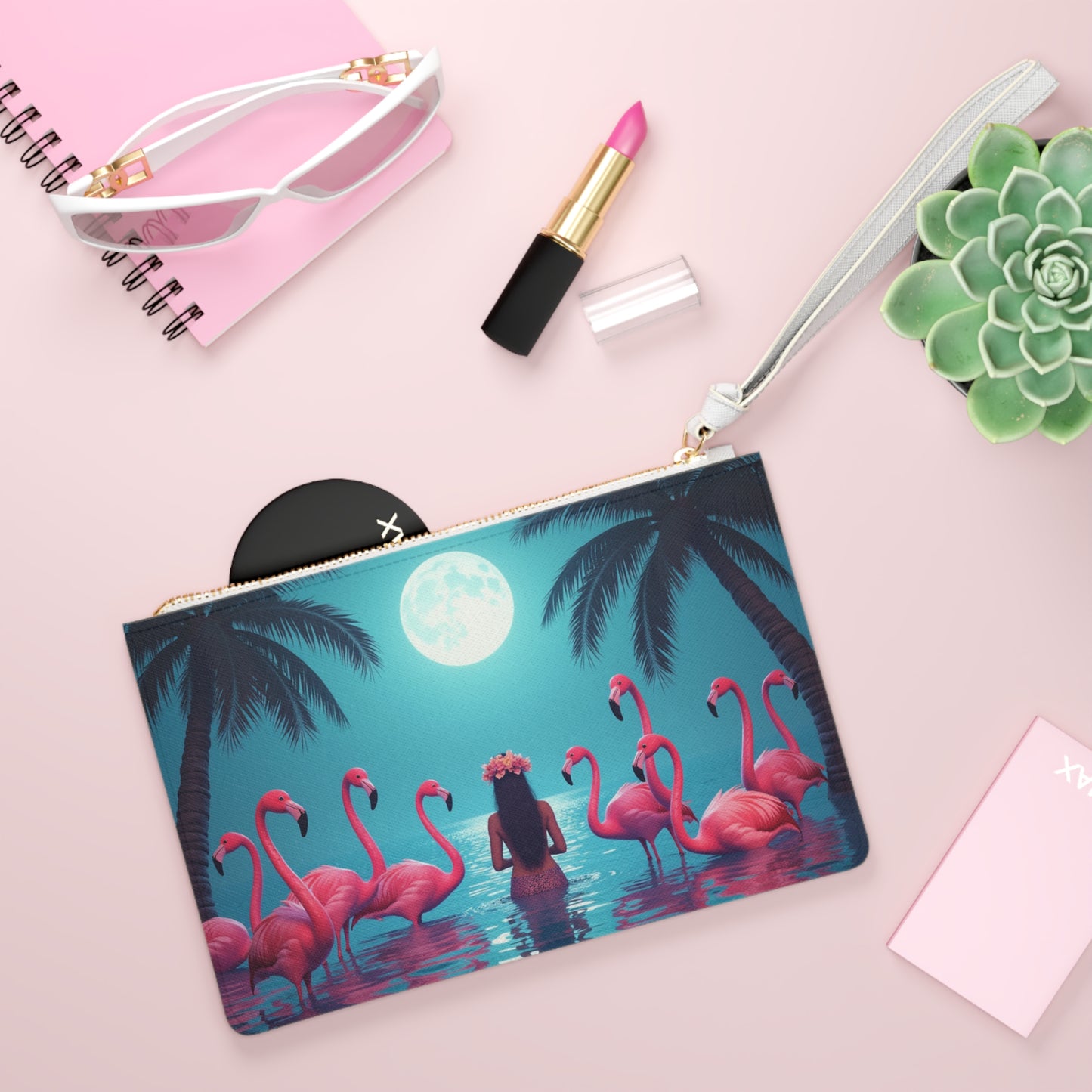 Tropical Faux Leather Clutch Bag - Perfect for Beach Adventures & Summer Vacations / Moonlit Mermaid and Flamingos