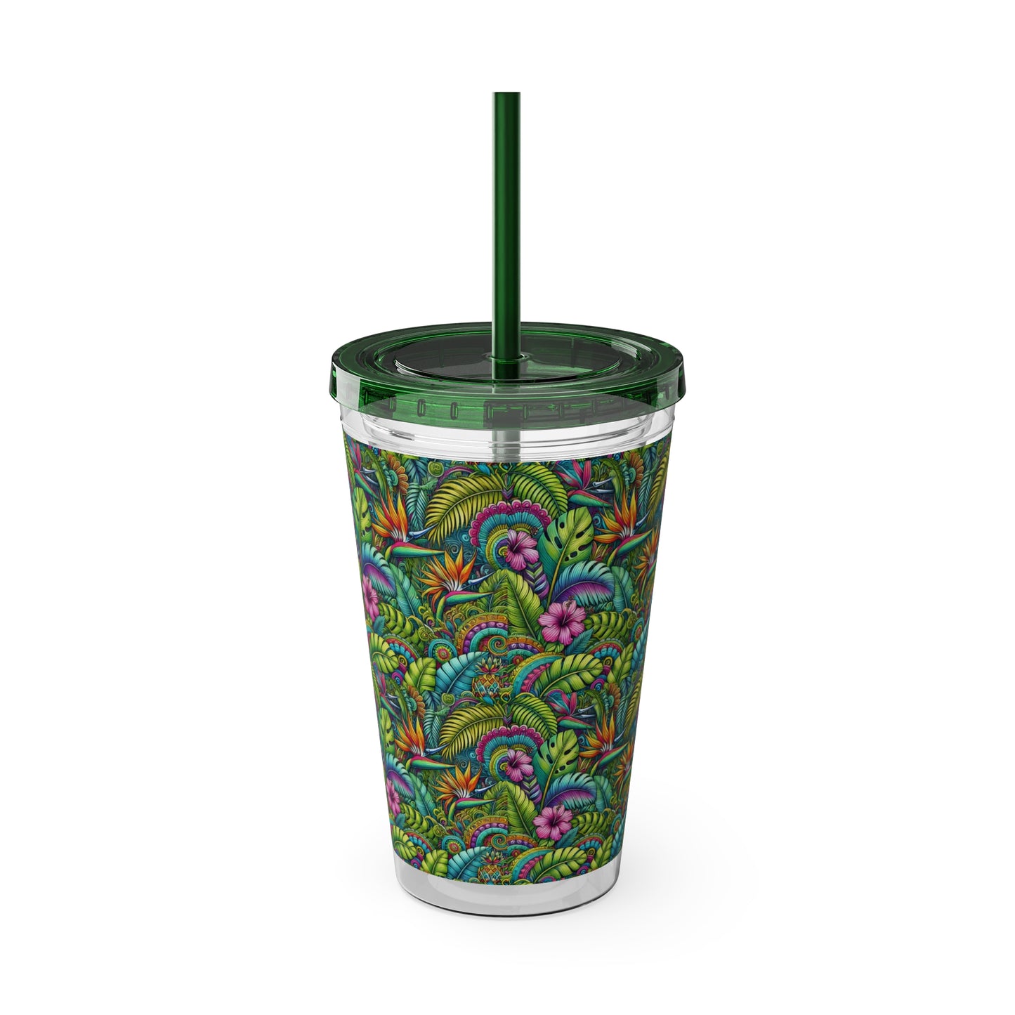 Tropical Tumbler with Straw | 16oz Colorful Travel Cup / Rainforest Blooms