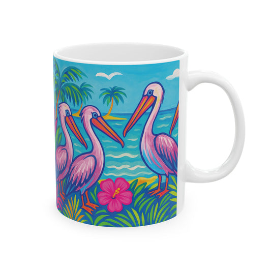 Ceramic White Mug - 11oz & 15oz, / Beach Pelican Party