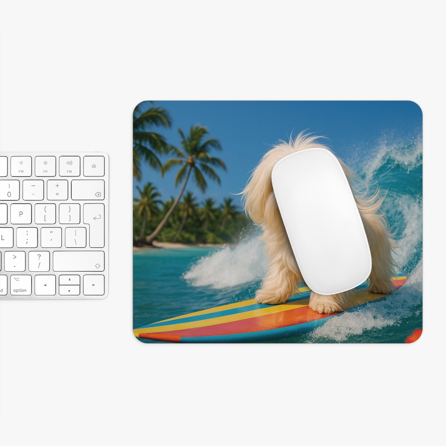 Tropical Mouse Pad, 2 Shapes - Beach Vibes for Home Office & Gamer / Puppy Ariel the Dog Surfer