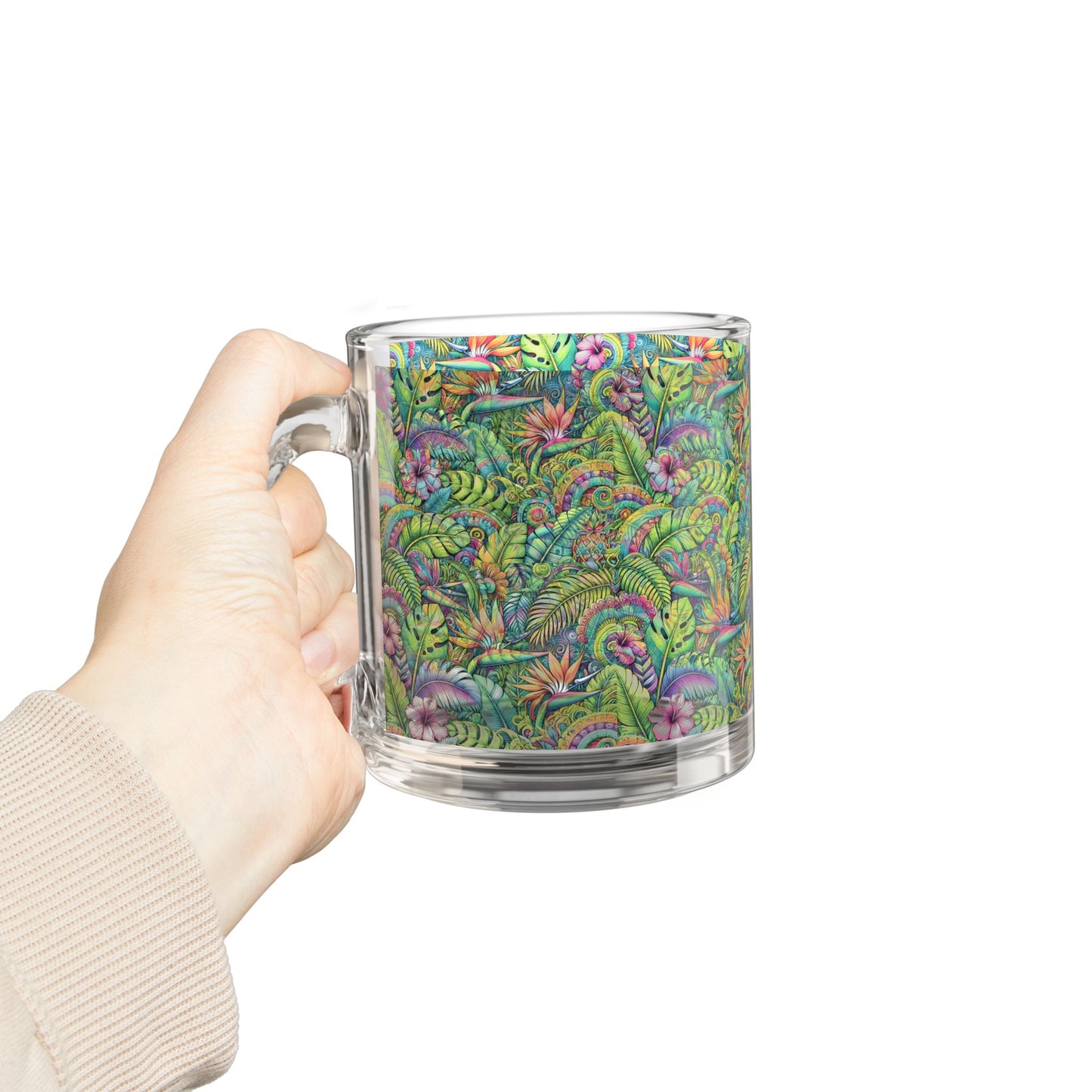 Tropical Glass Mug - 10oz Coffee Cup / Tropical Blooms
