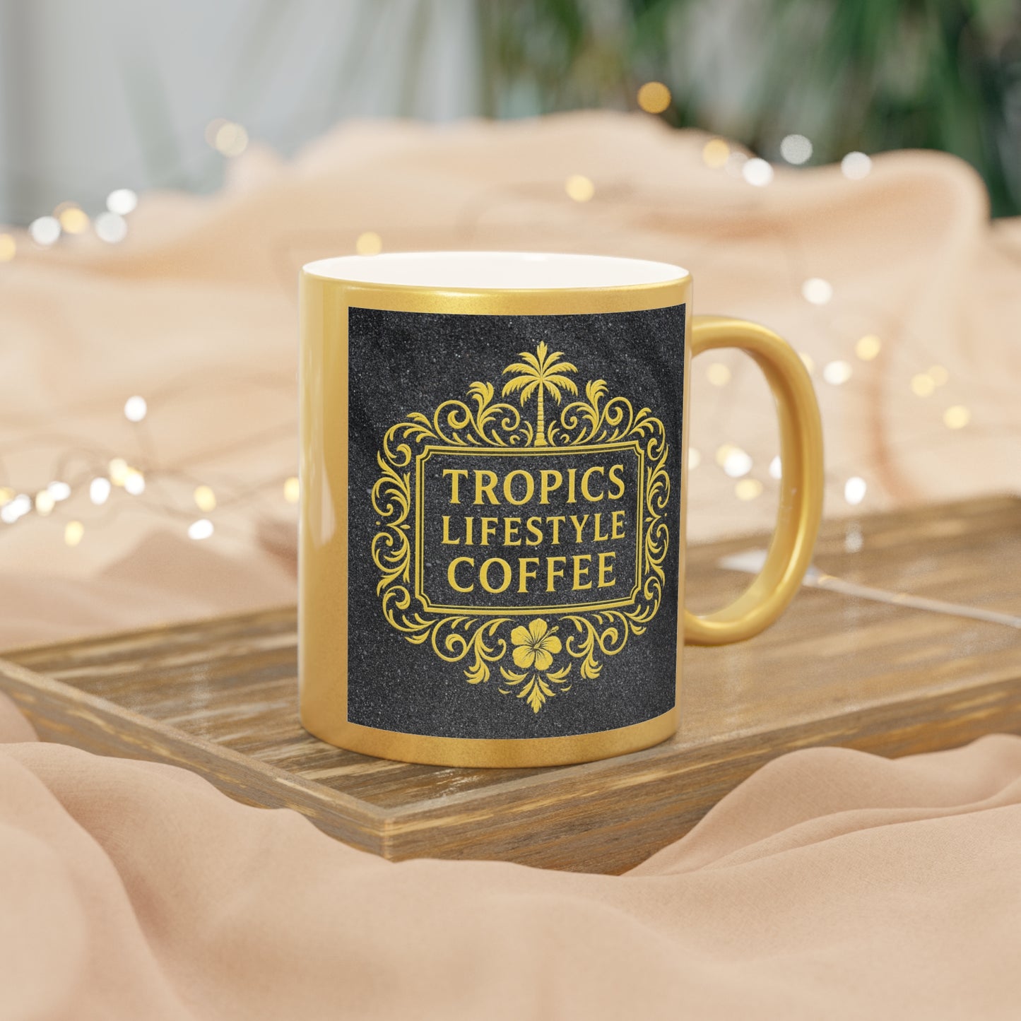 Tropical Metallic Mug, Gold or Silver - Tropics Lifestyle Coffee, Black/Gold Logo