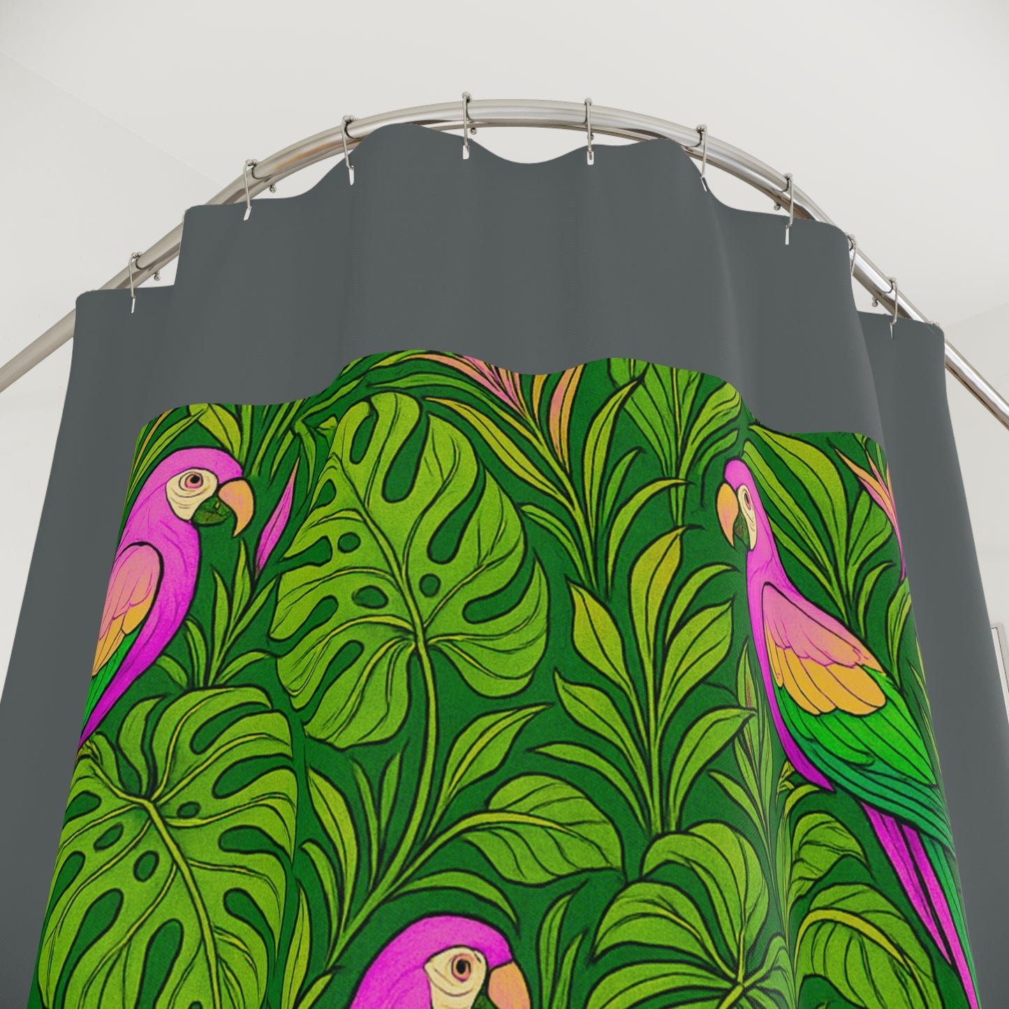 Tropical Shower Curtain - Ocean Bathroom Decor / Parrot Family/Pink, Dark Grey