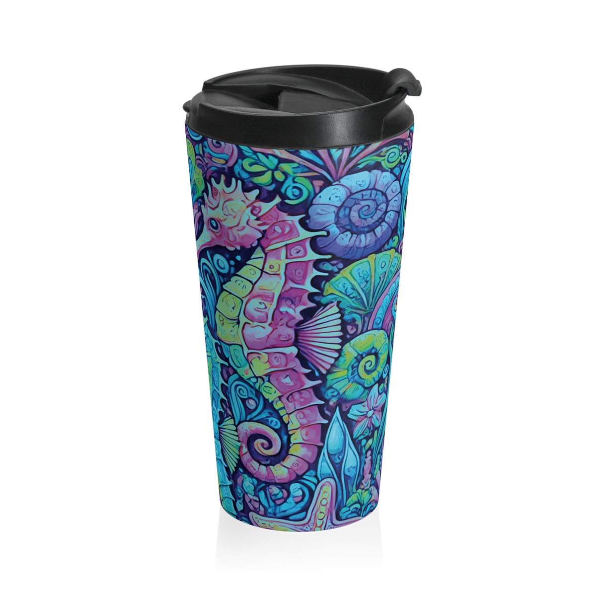 15 oz. Stainless Steel Travel Mug / Seahorse Trio, Turquoise Pop