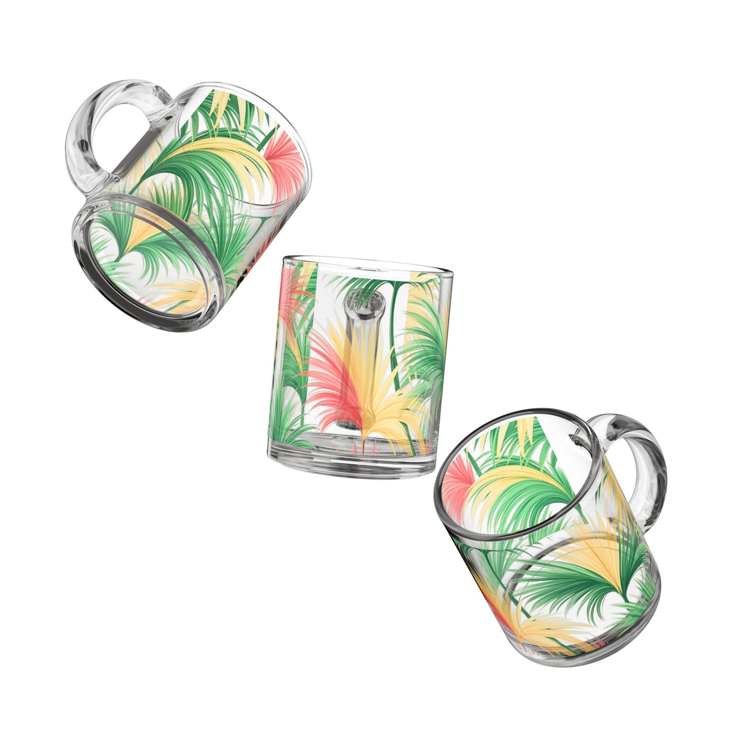 Tropical Glass Mug - 10oz Coffee Cup / Tri-Color Bright Palms