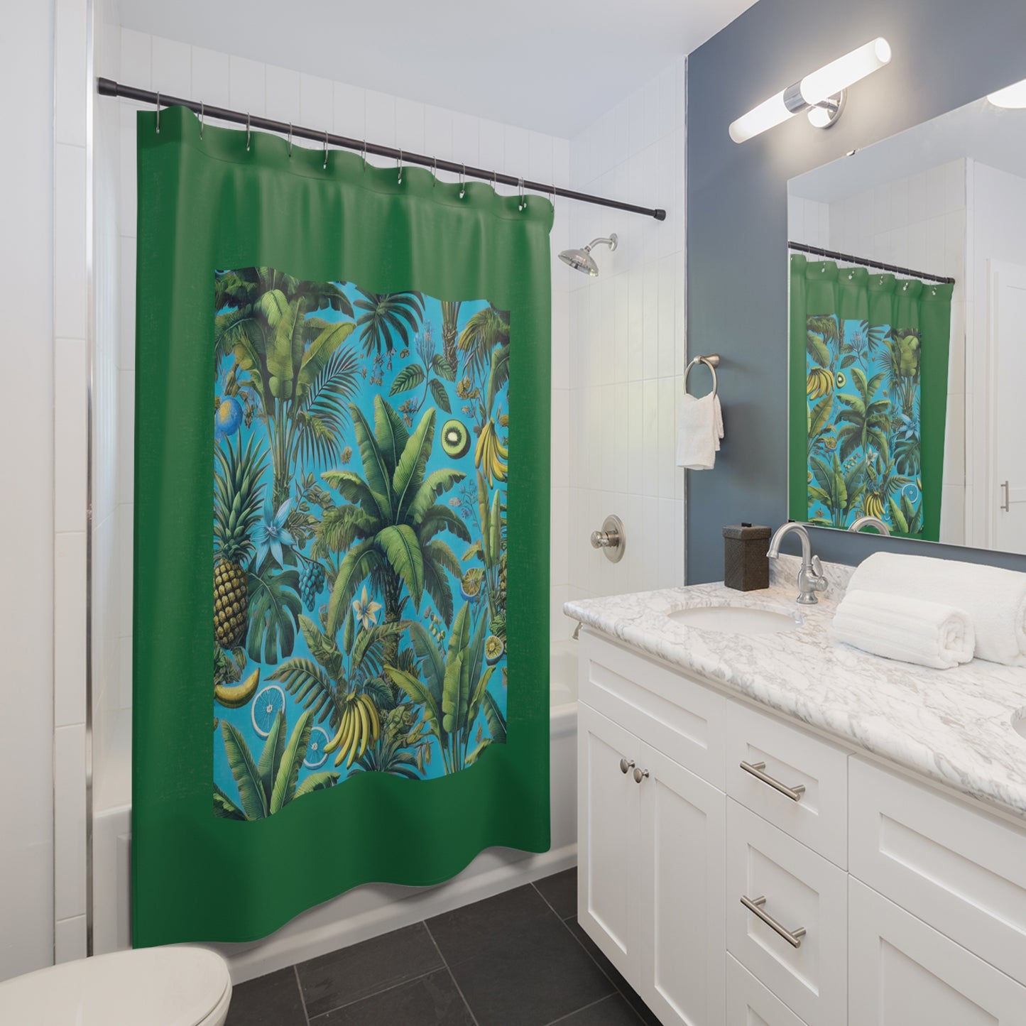 Palm Tree Shower Curtain - Ocean Bathroom Decor / Tropical Fruit/Turquoise, Dark Green