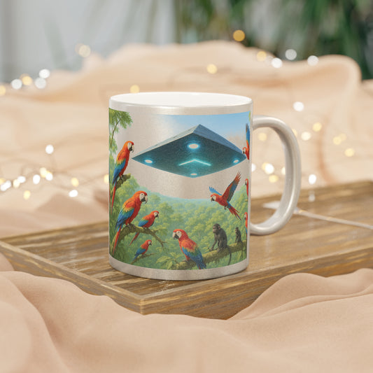 Tropical Metallic Mug, Gold or Silver: UFO and Parrots