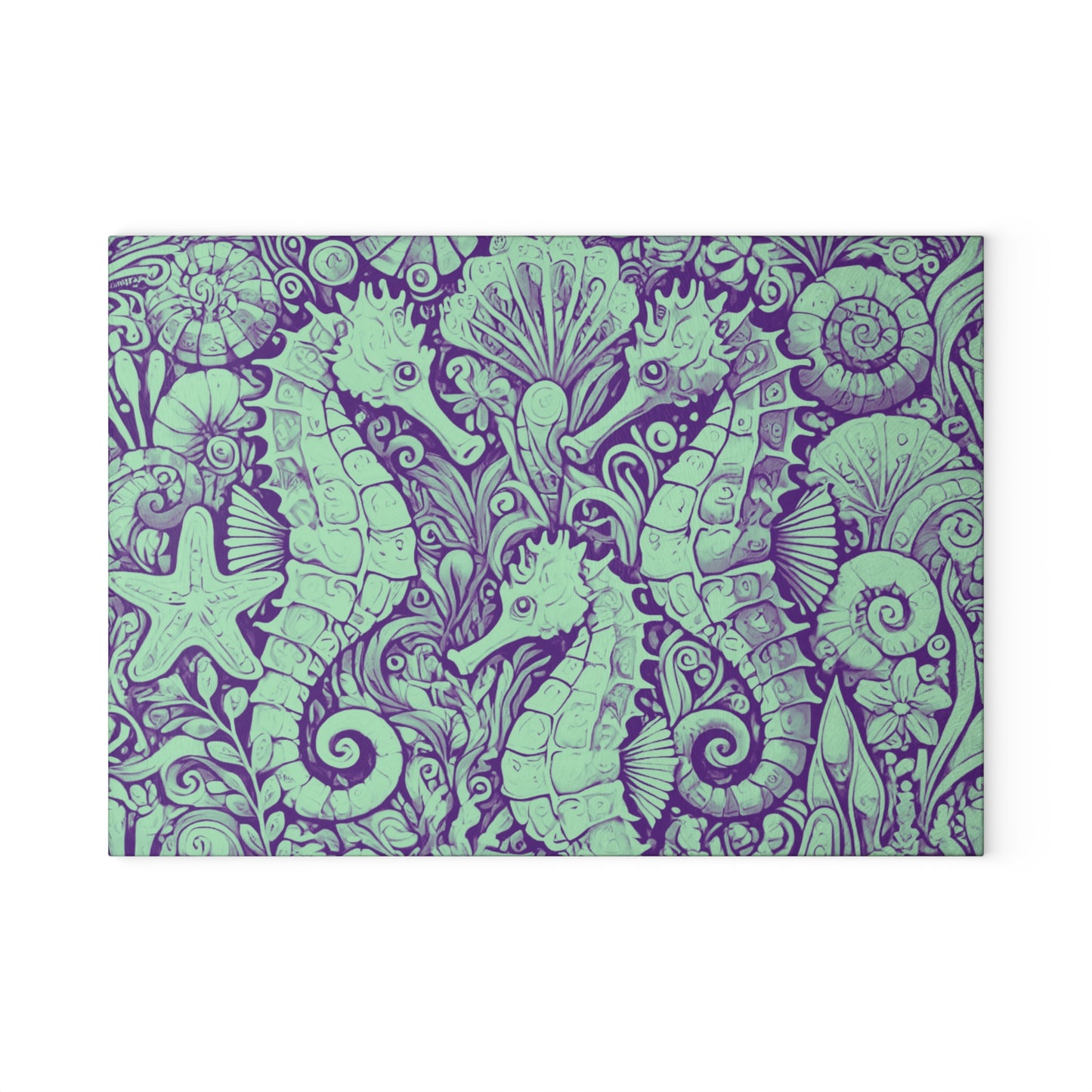 Glass Cutting Board, 2 sizes - Seahorses Minty