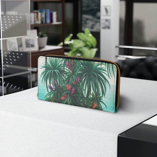 Tropical Zipper Wallet, Faux Leather / Vibrant Clutch / Tiny Palm Island