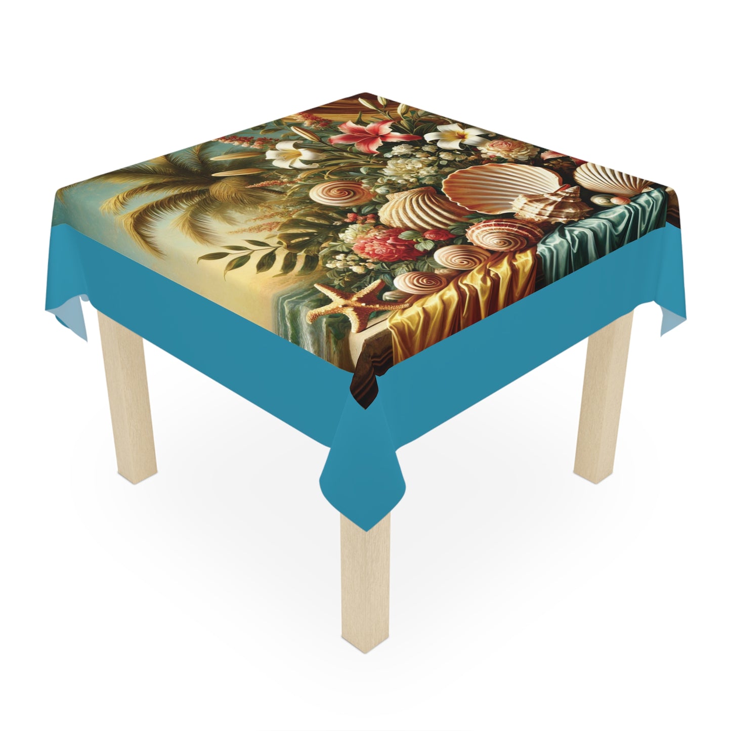 Shells and Flowers/Turquoise ~ Square Tablecloth, 55" x 55"