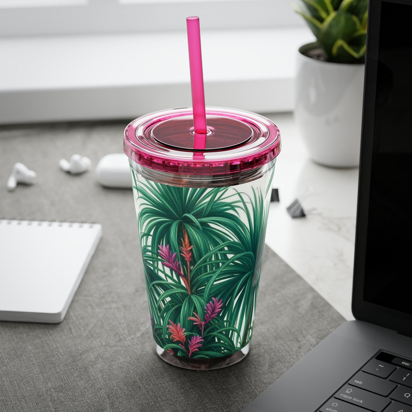 Tropical Tumbler with Straw | 16oz Colorful Travel Cup / Tiny Palm Island