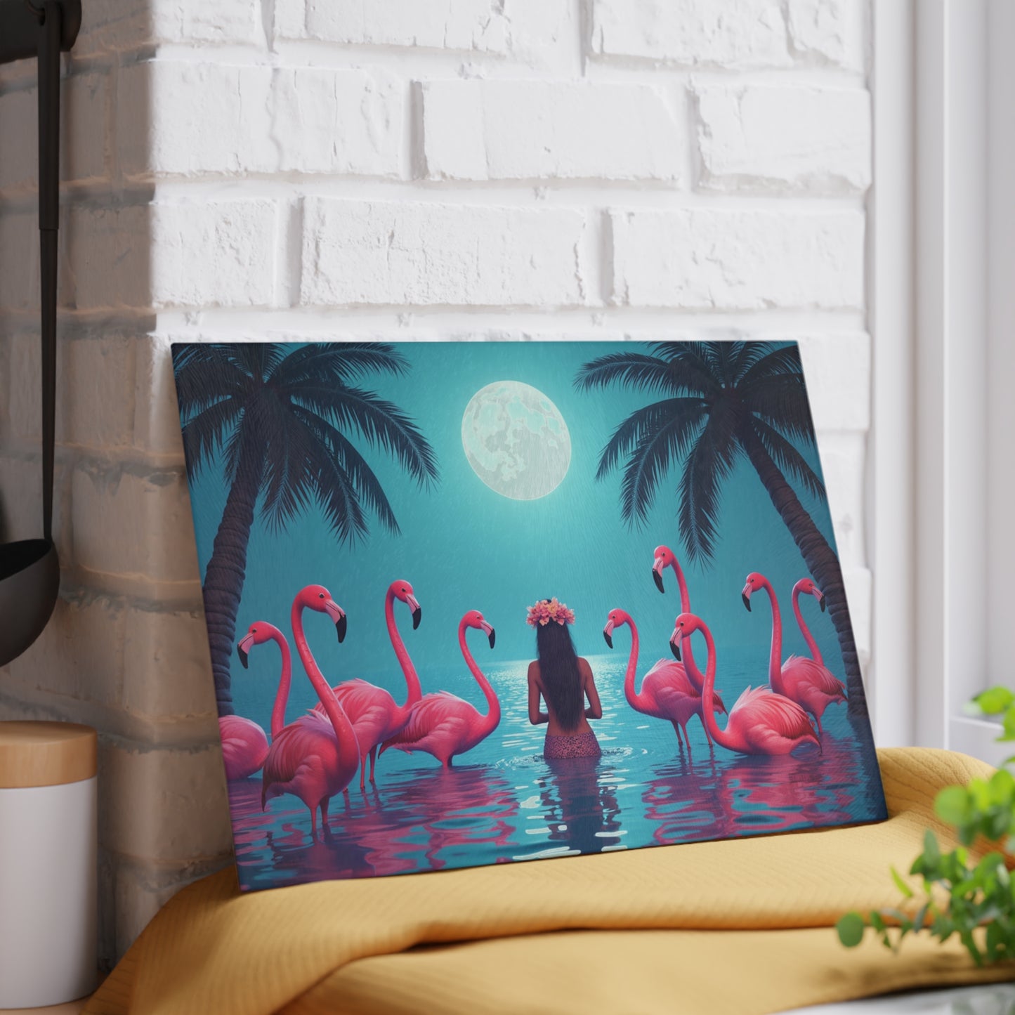 Glass Cutting Board, 2 sizes - Moonlit Mermaid and Flamingos