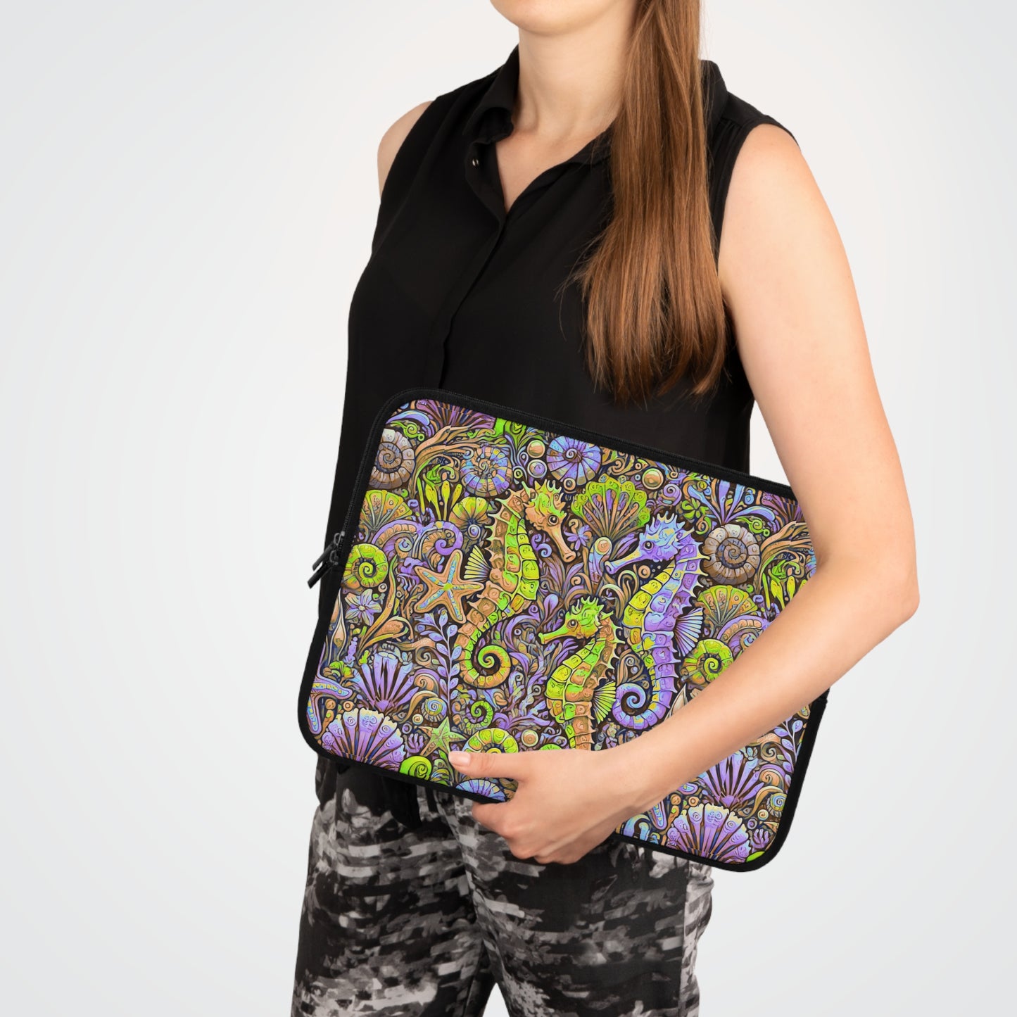Tropical Laptop Sleeve, 5 Sizes - Perfect for Beach Lovers & Students / Seahorses, Yellow and Purple