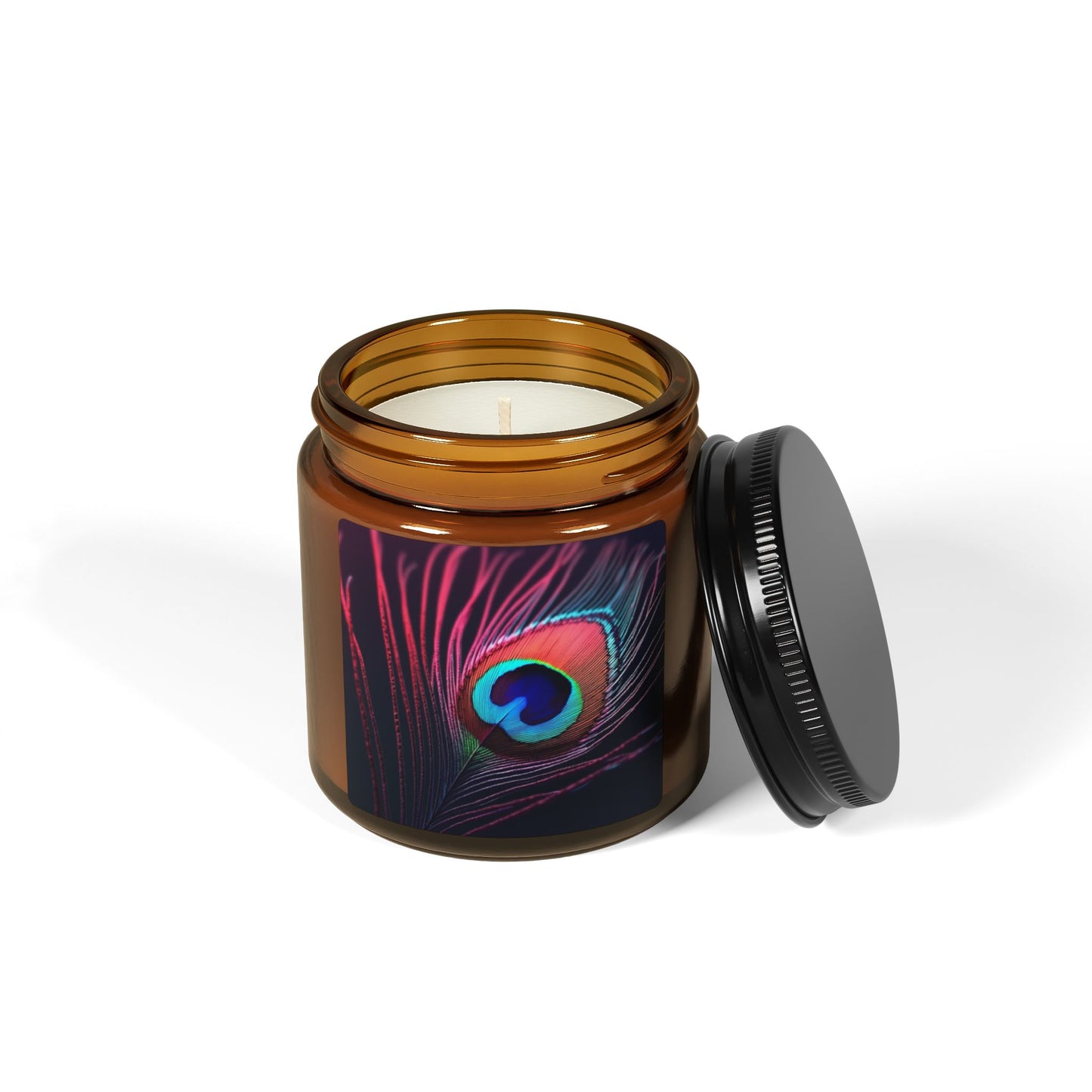 Soy Candle in Amber Jar - Multi-Size / Peacock Eye Feather, Magenta