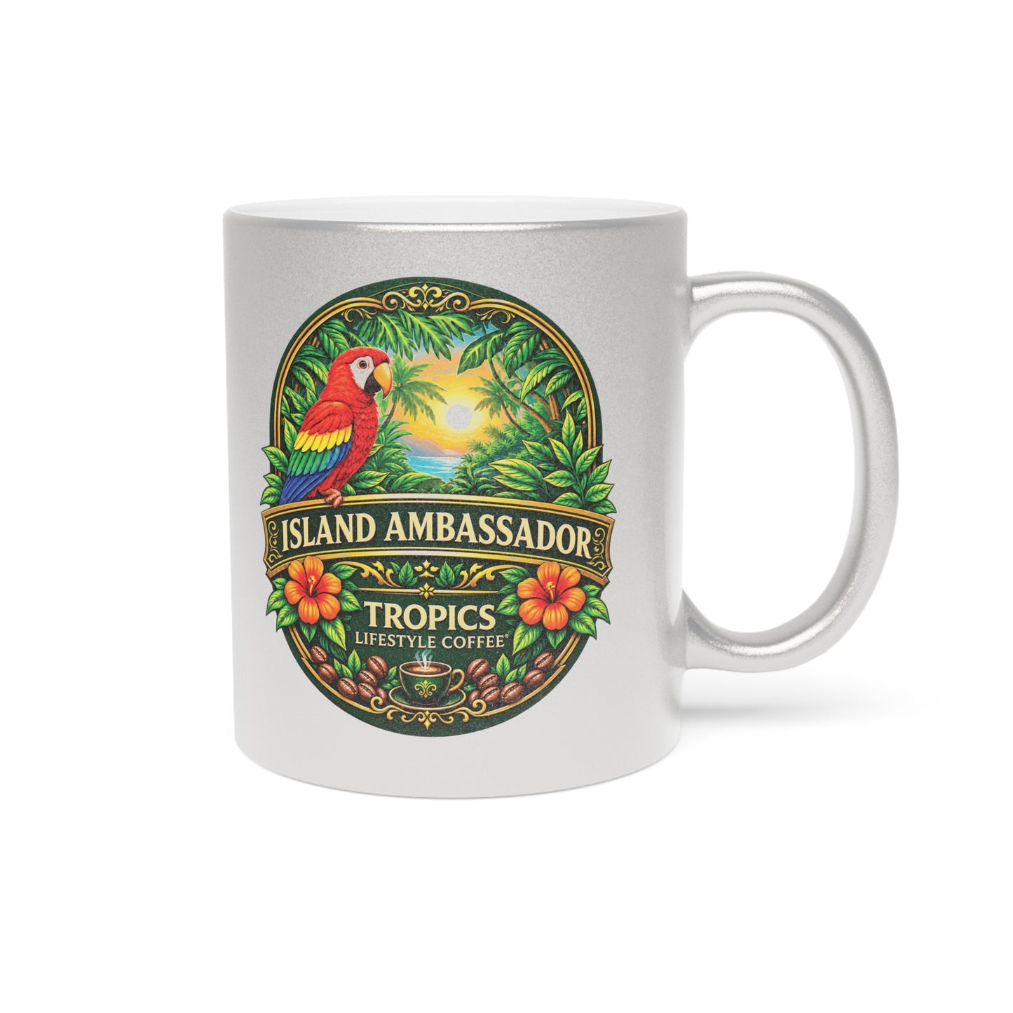 Island Ambassador Metallic Mug — Tropical Parrot Coffee Cup (Silver/Gold)