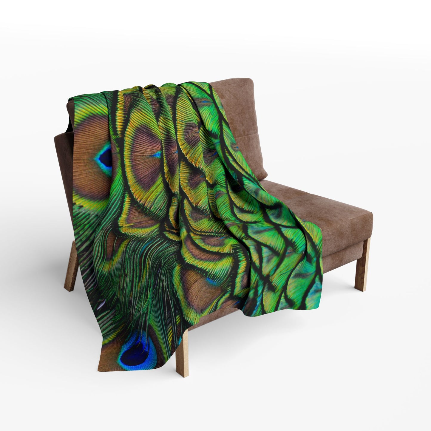 Green Peacock Feathers Fleece Blanket - Colorful Tropical Design, 3 Sizes