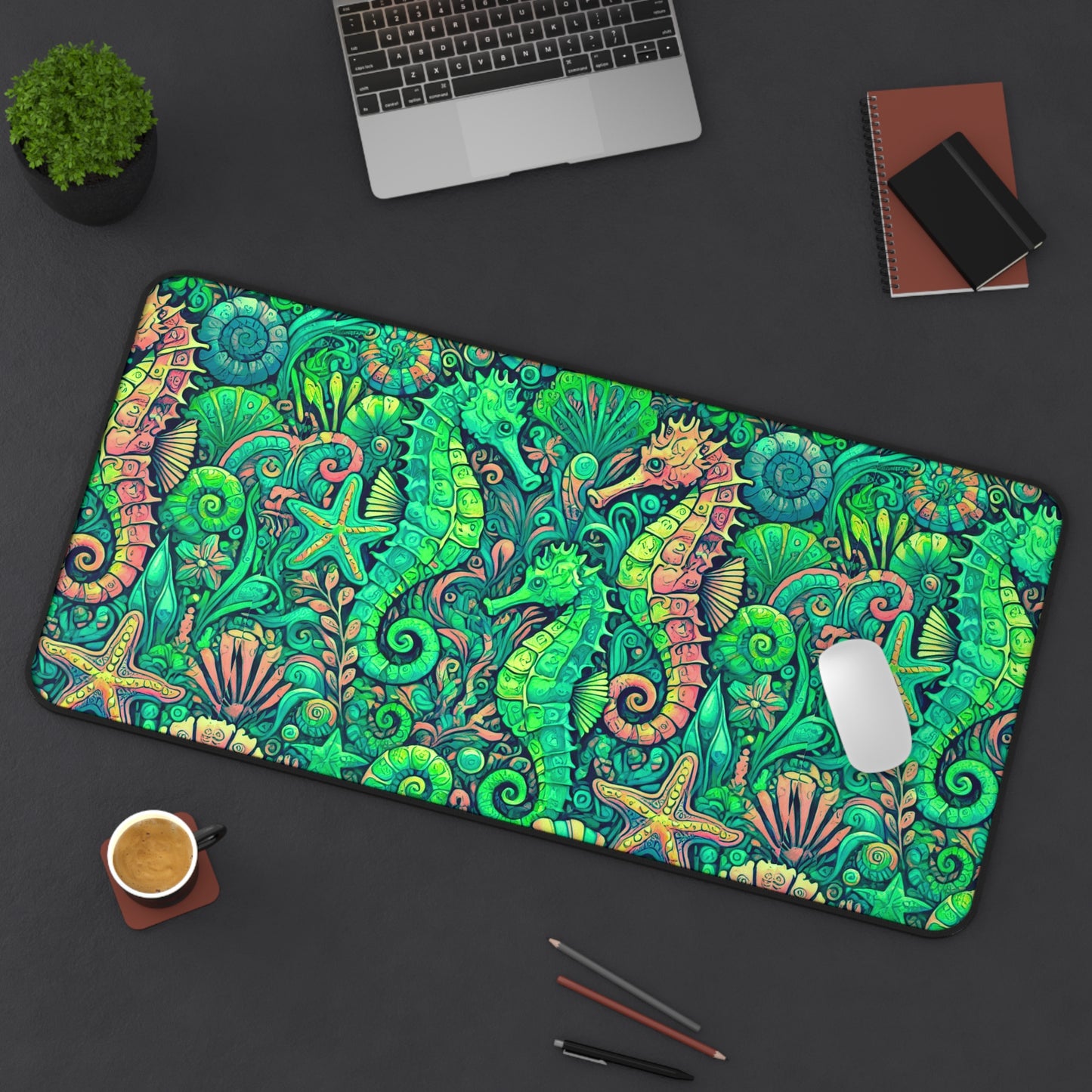 Tropical Mouse Pad/Desk Mat, 3 Sizes - Perfect for Home Office / Seahorses, Hot Lime