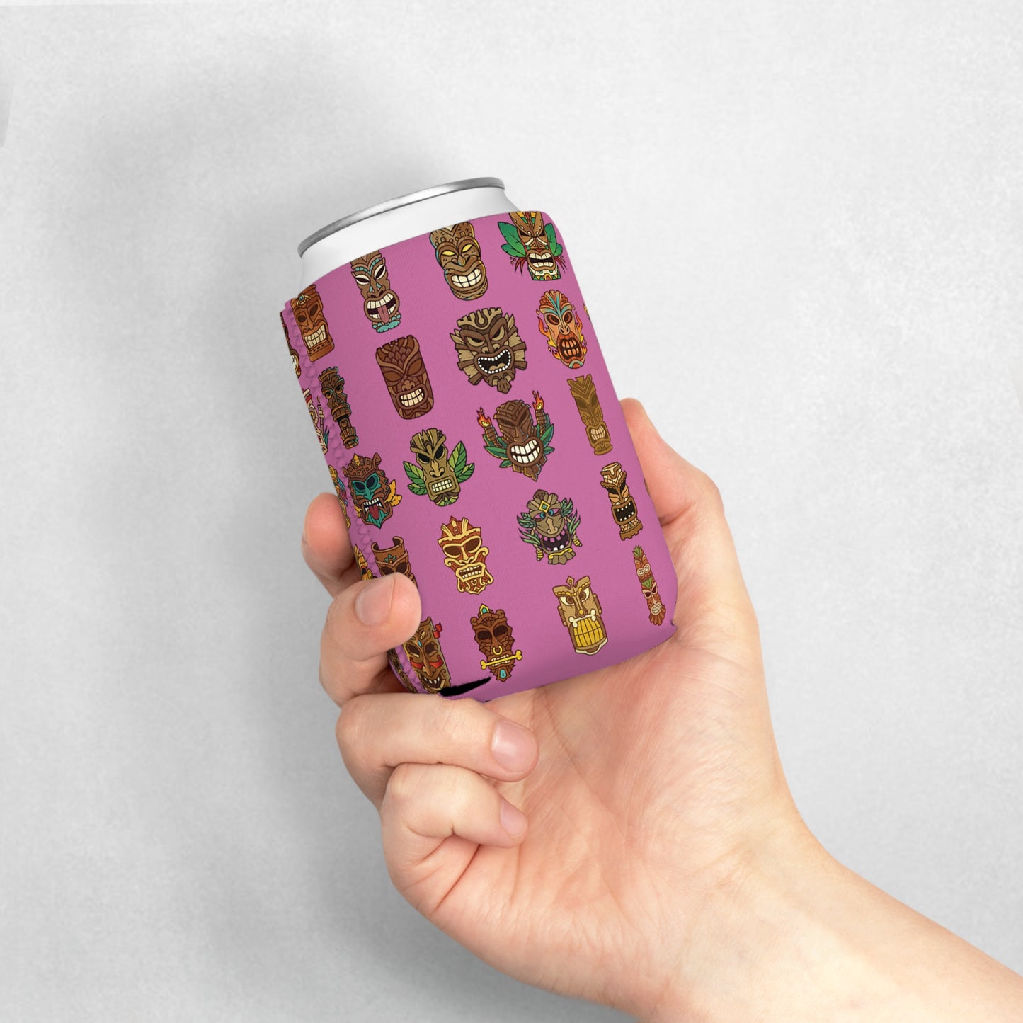 Tiny Tiki Dudes/Lt. Pink Can Cooler Sleeve - Perfect for Outdoor Picnics